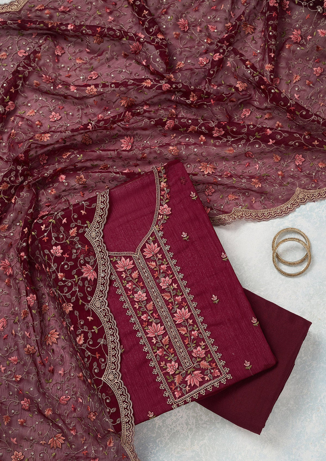 Wine Threadwork Tissue Unstitched Salwar Suit-koskii