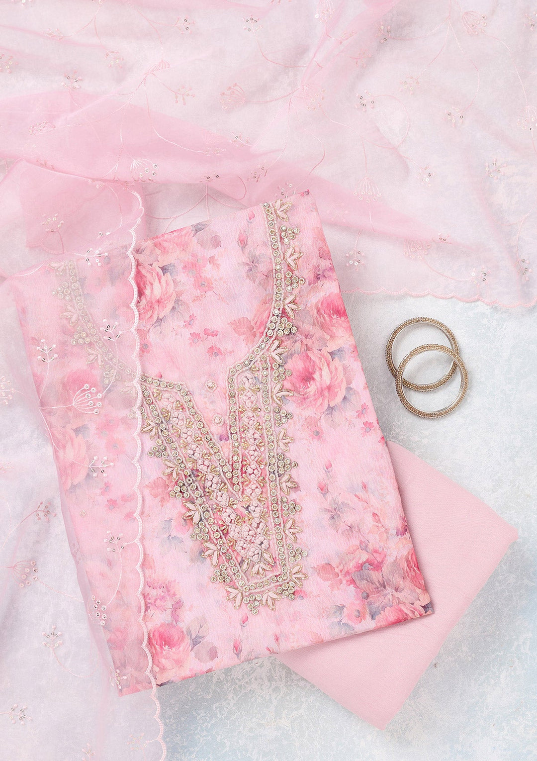 Baby Pink Aariwork Tissue Unstitched Salwar Suit-koskii