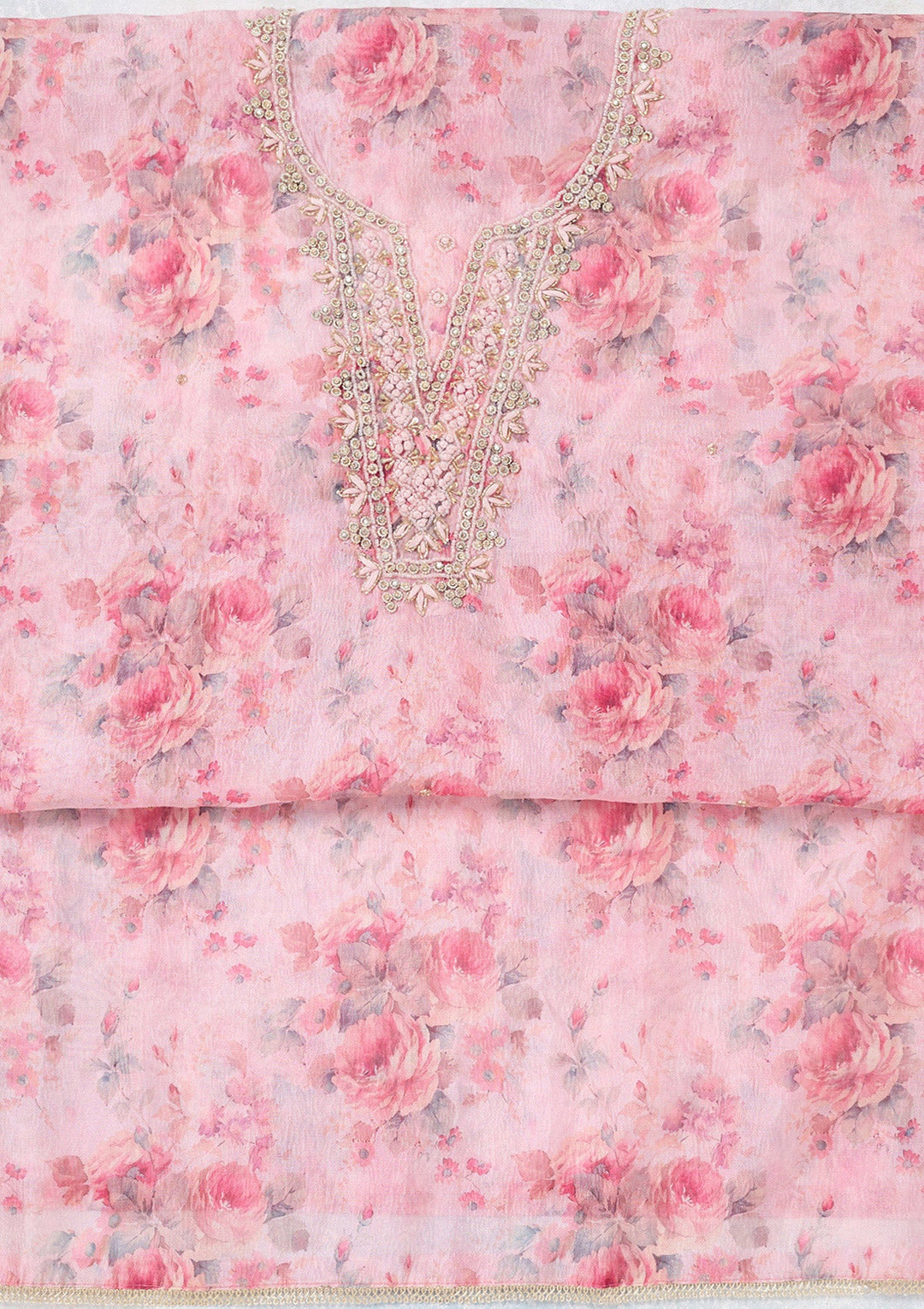 Baby Pink Aariwork Tissue Unstitched Salwar Suit-koskii