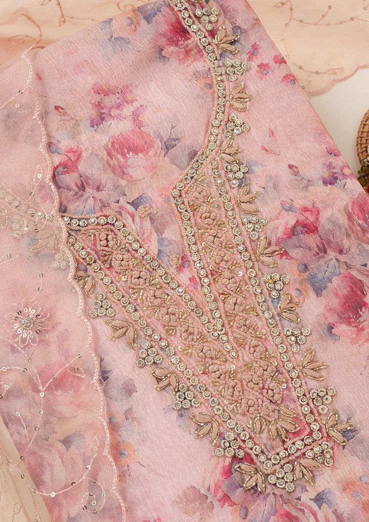 Peach Aariwork Tissue Unstitched Salwar Suit-koskii