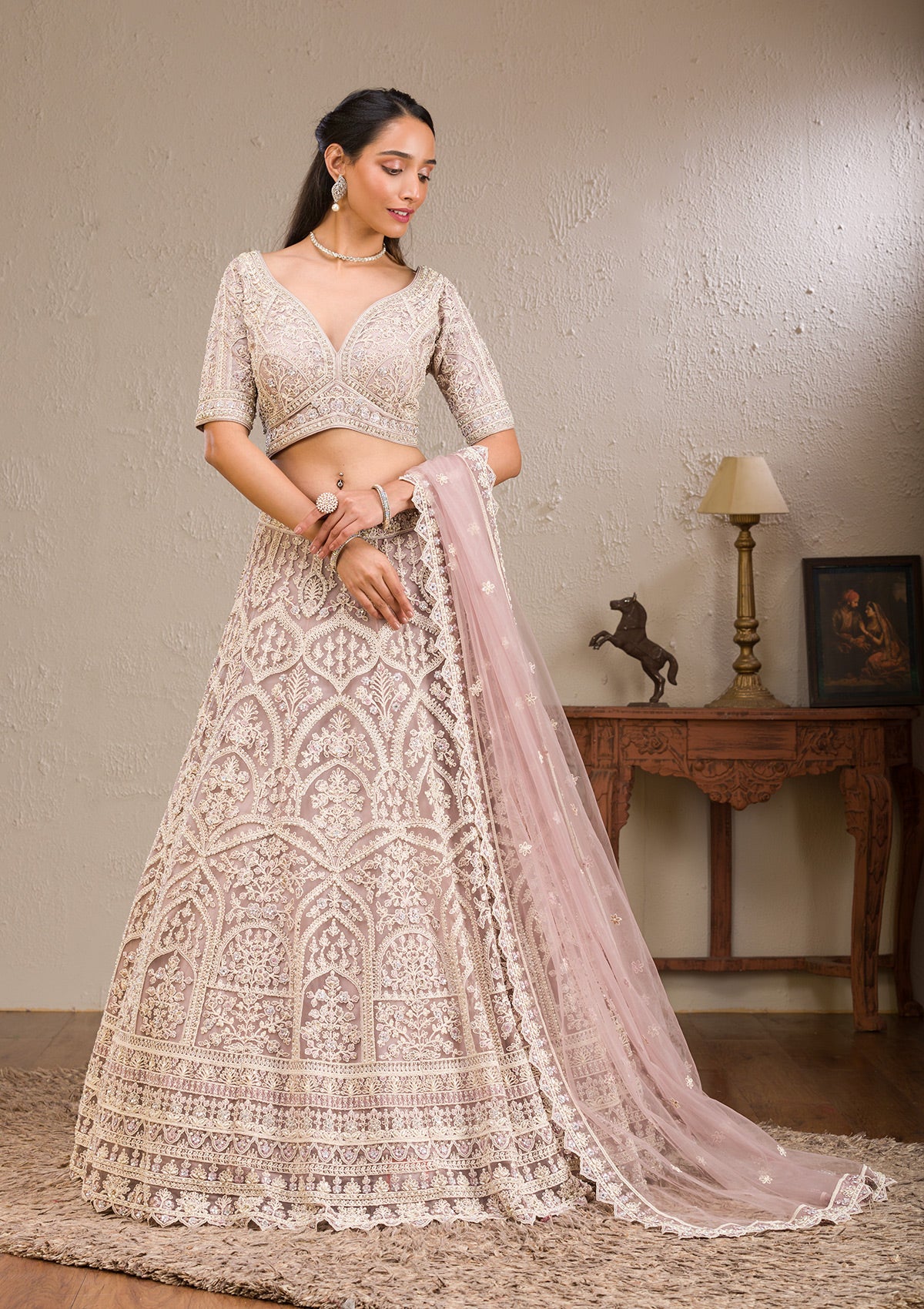 Baby Pink Pearl Fringe Lehenga Set