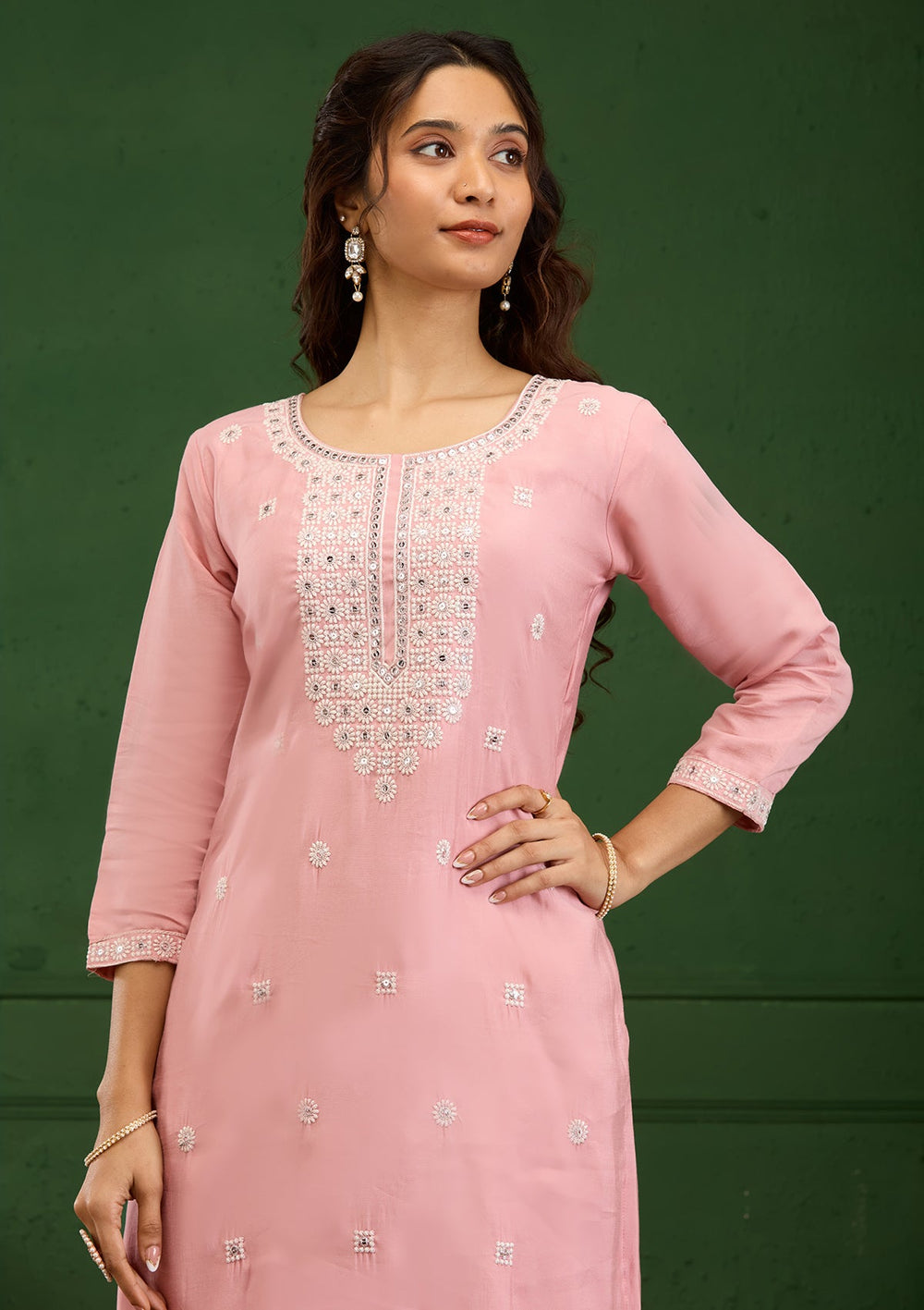 Baby Pink Threadwork Semi Crepe Readymade Salwar Suit-Koskii