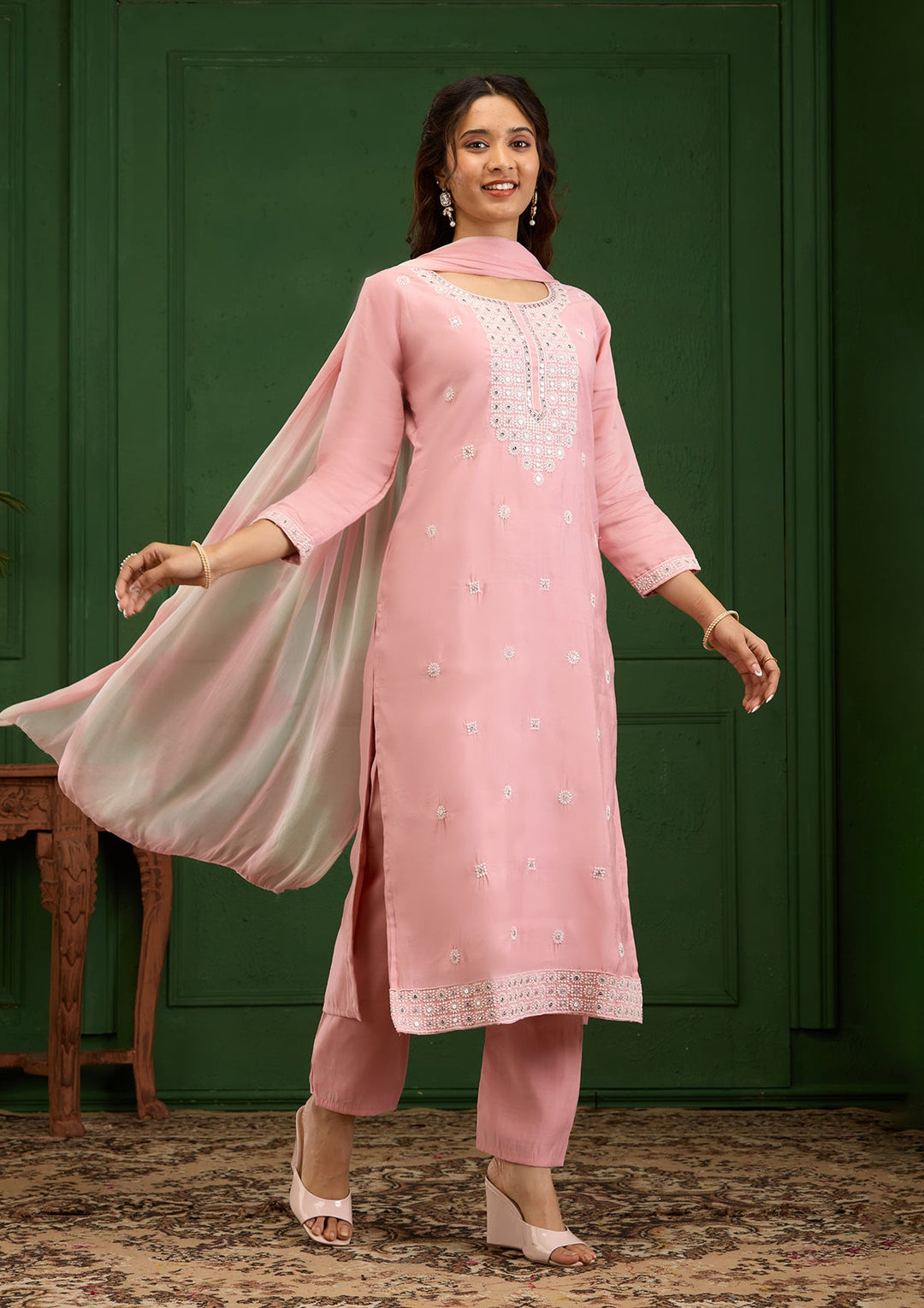 Baby Pink Threadwork Semi Crepe Readymade Salwar Suit-Koskii