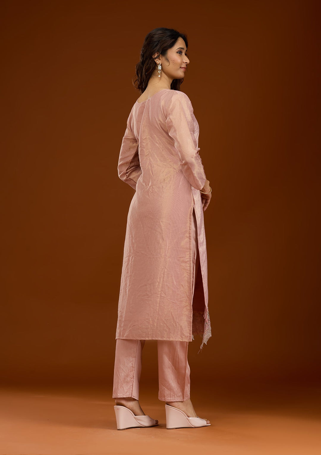 Baby Pink Threadwork Tissue Readymade Salwar Suit-Koskii