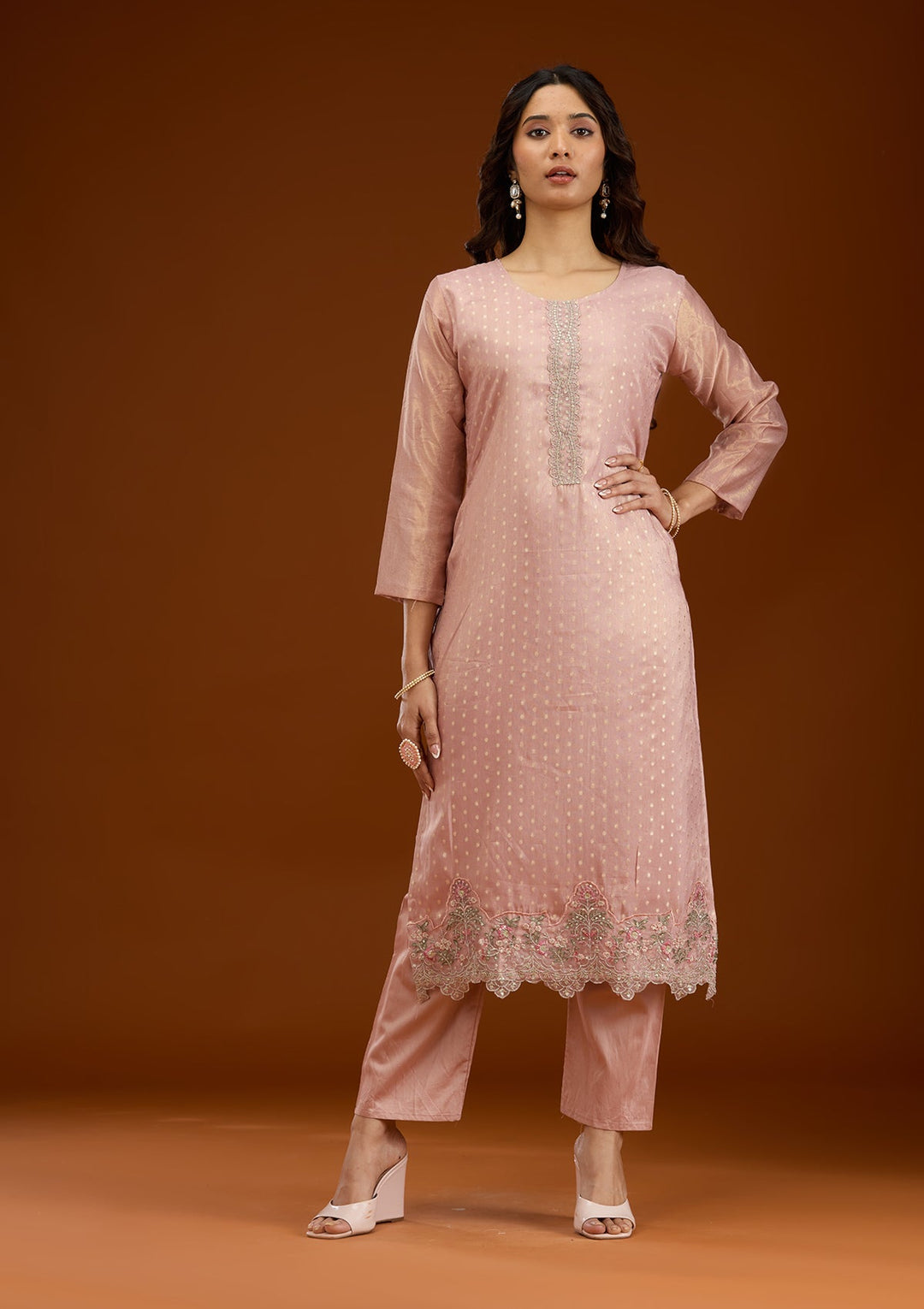 Baby Pink Threadwork Tissue Readymade Salwar Suit-Koskii