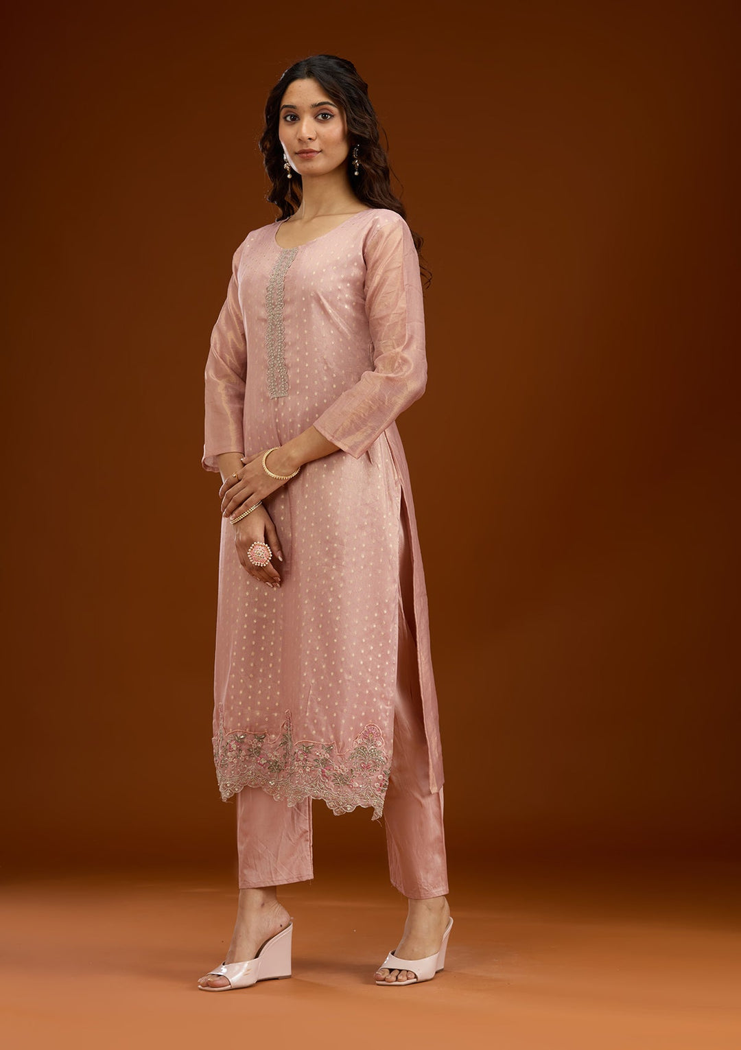 Baby Pink Threadwork Tissue Readymade Salwar Suit-Koskii