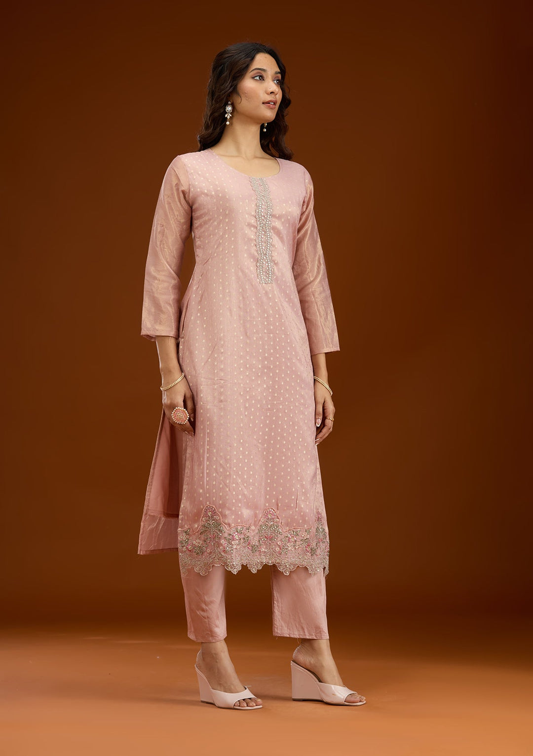 Baby Pink Threadwork Tissue Readymade Salwar Suit-Koskii