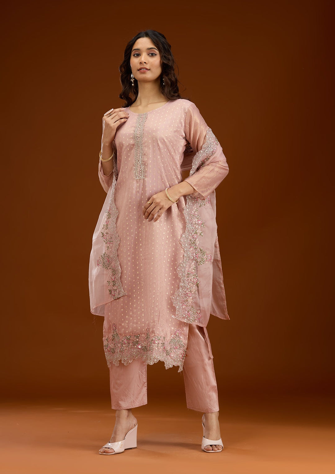 Baby Pink Threadwork Tissue Readymade Salwar Suit-Koskii