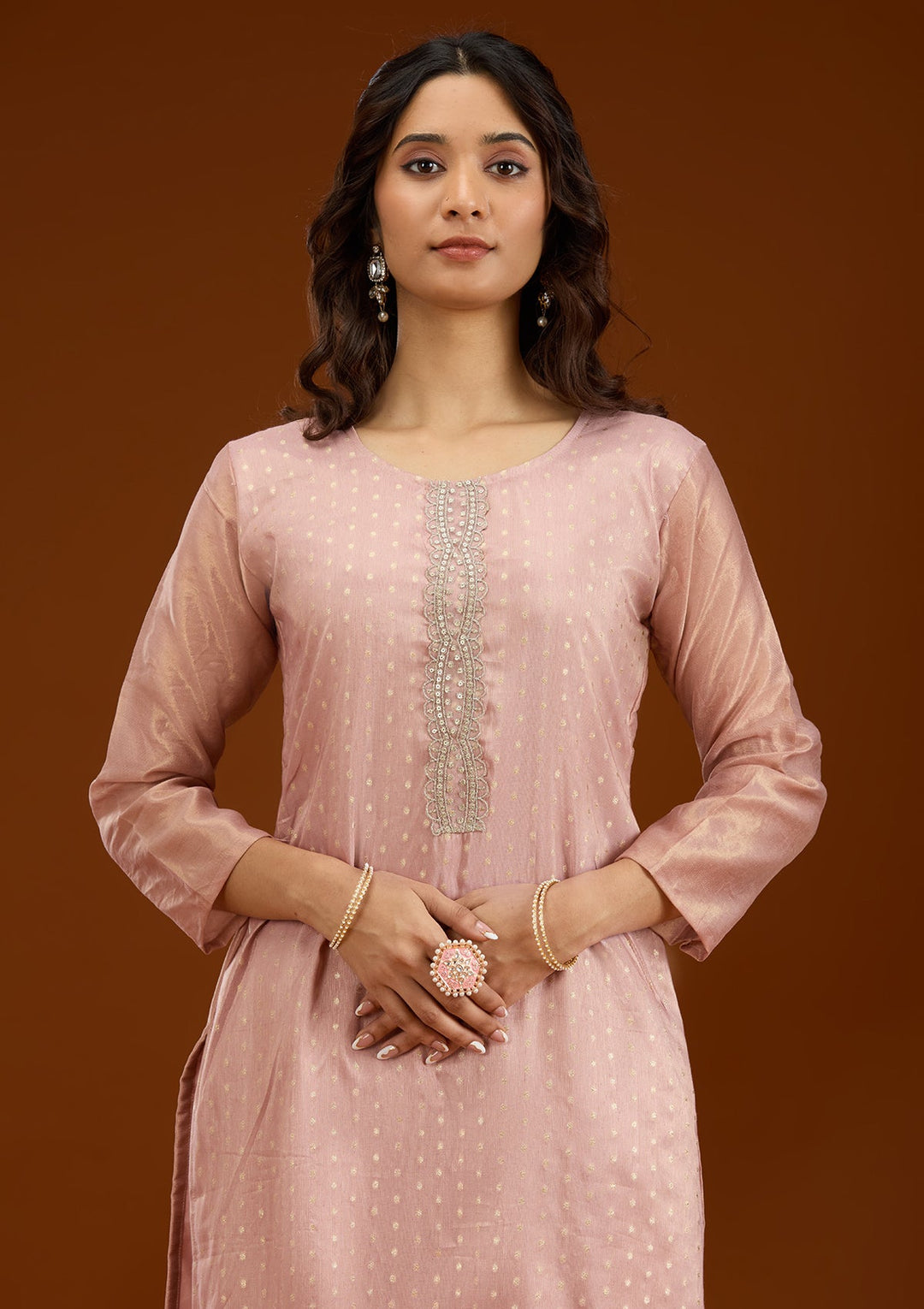 Baby Pink Threadwork Tissue Readymade Salwar Suit-Koskii