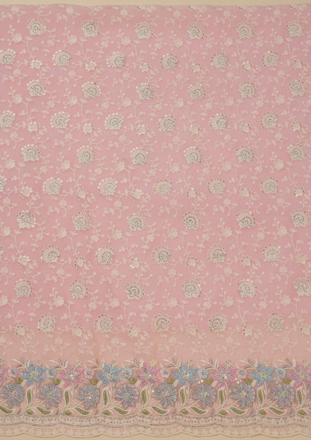 Baby Pink Threadwork Chiffon Unstitched Salwar Suit-Koskii