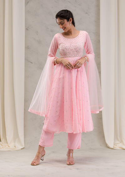 Baby Pink Threadwork Georgette Readymade Salwar Kameez