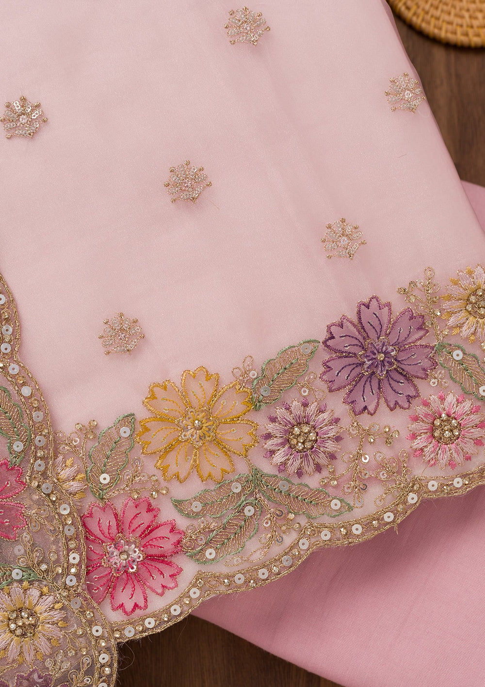 Baby Pink Zariwork Semi Crepe Unstitched Salwar Suit-Koskii