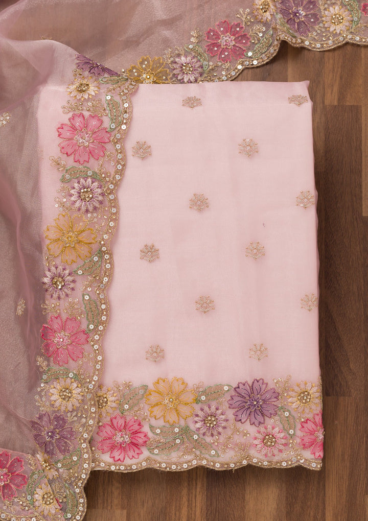 Baby Pink Zariwork Semi Crepe Unstitched Salwar Suit-Koskii