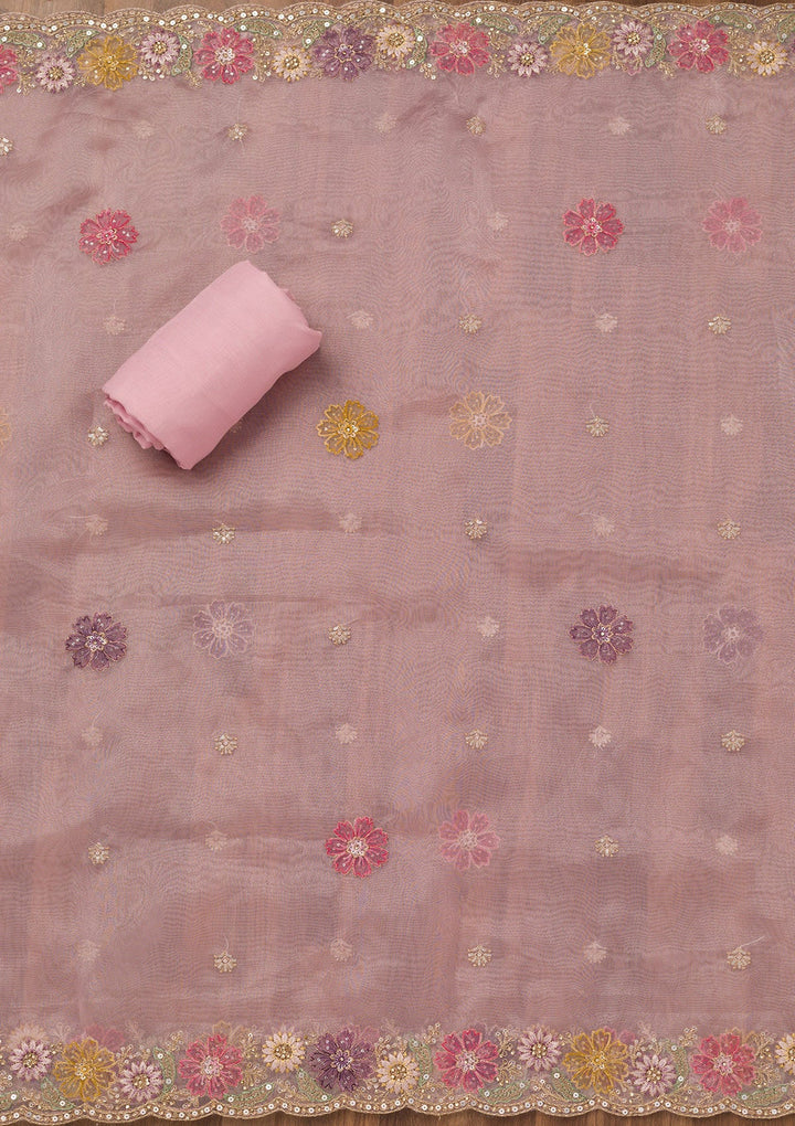 Baby Pink Zariwork Semi Crepe Unstitched Salwar Suit-Koskii
