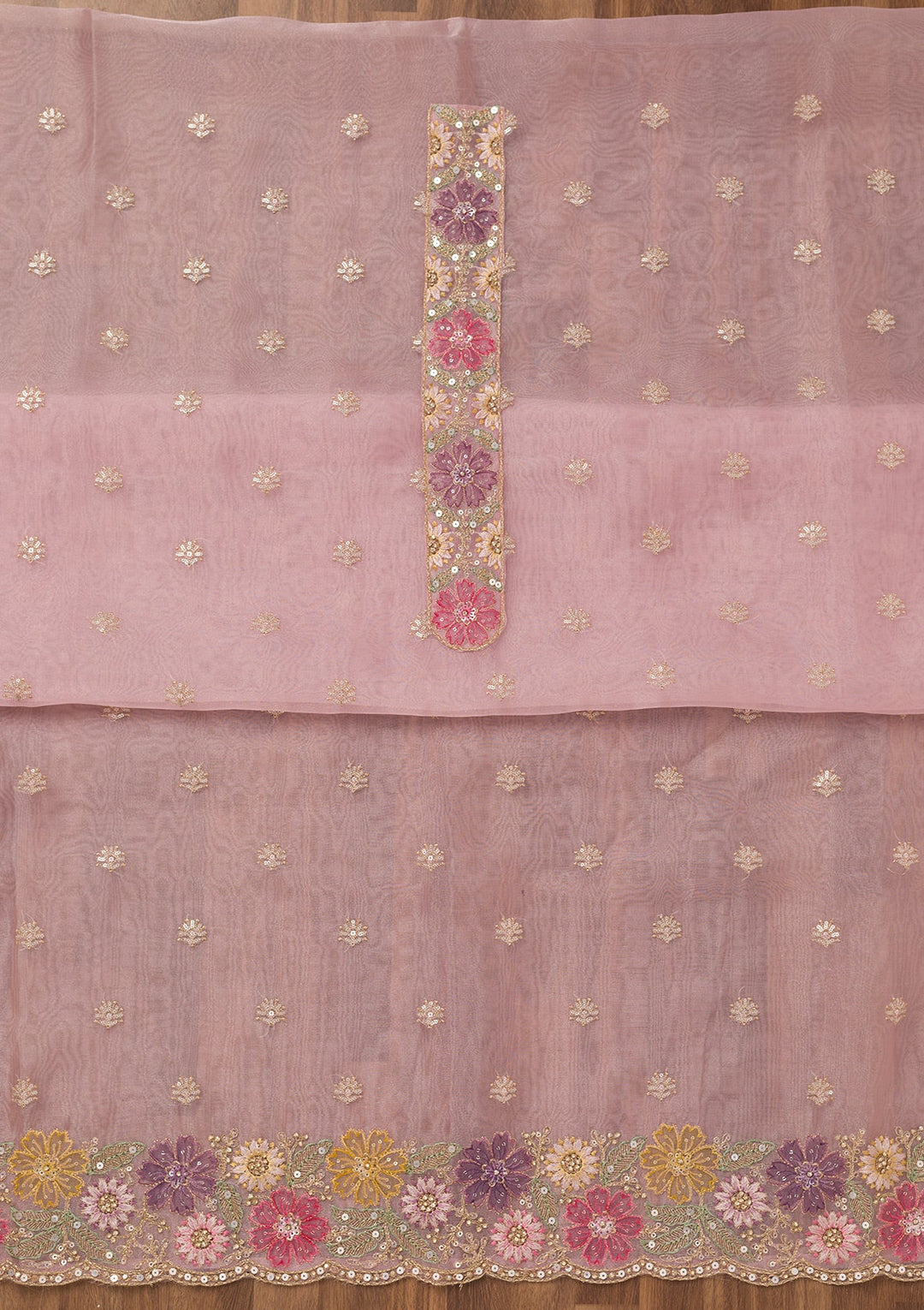 Baby Pink Zariwork Semi Crepe Unstitched Salwar Suit-Koskii