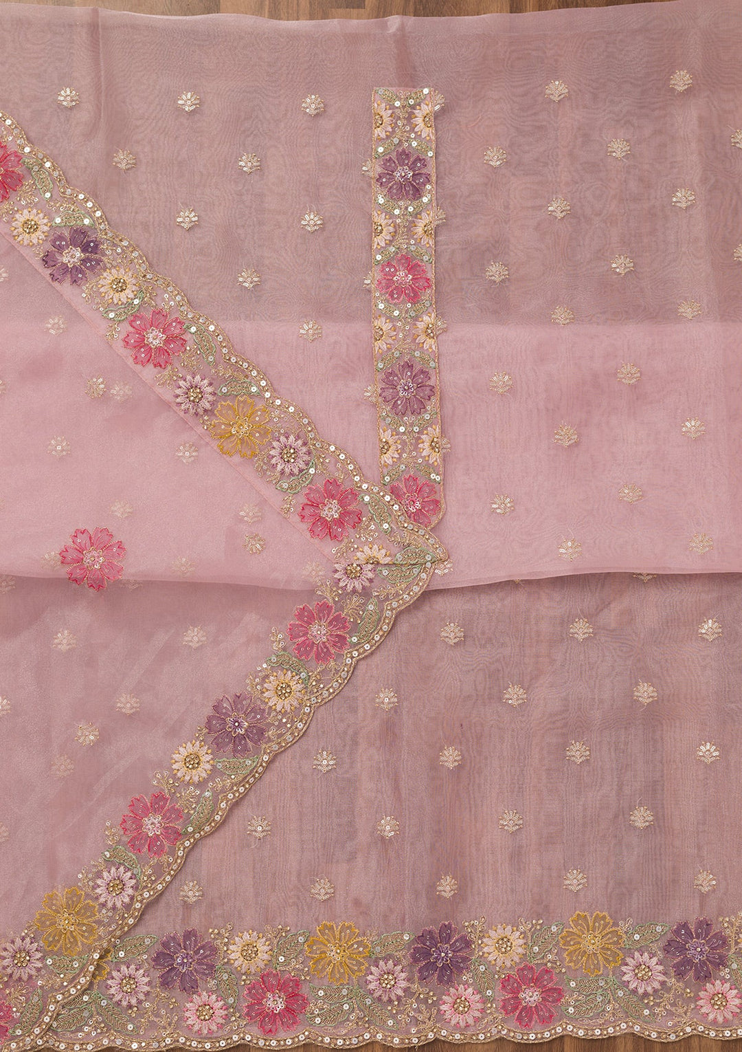 Baby Pink Zariwork Semi Crepe Unstitched Salwar Suit-Koskii