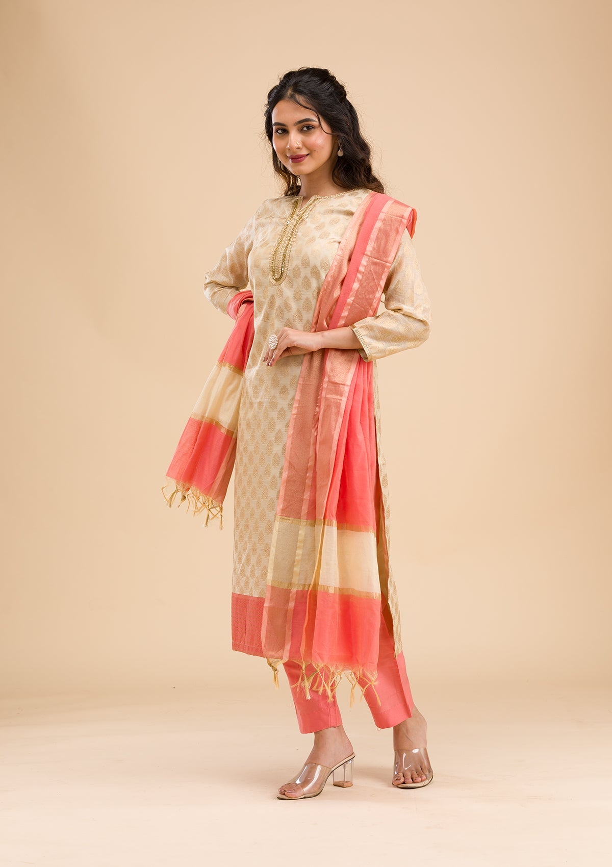 Koskii Pink Banarasi Cotton Readymade Salwar Kameez