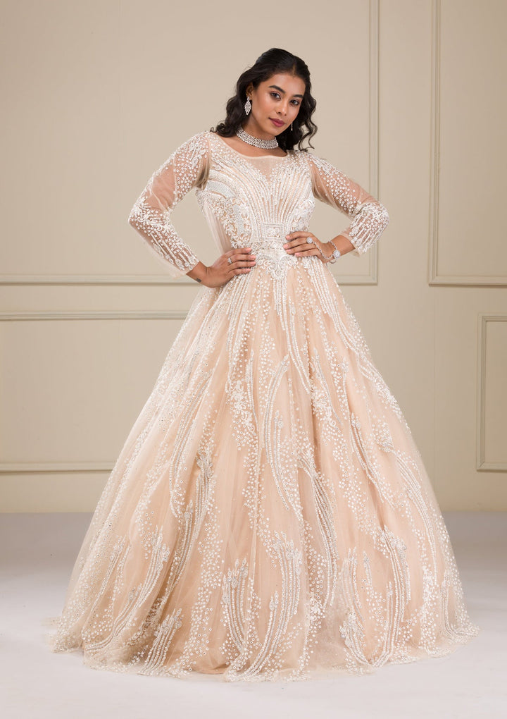 Beige Stonework Net Gown-Koskii