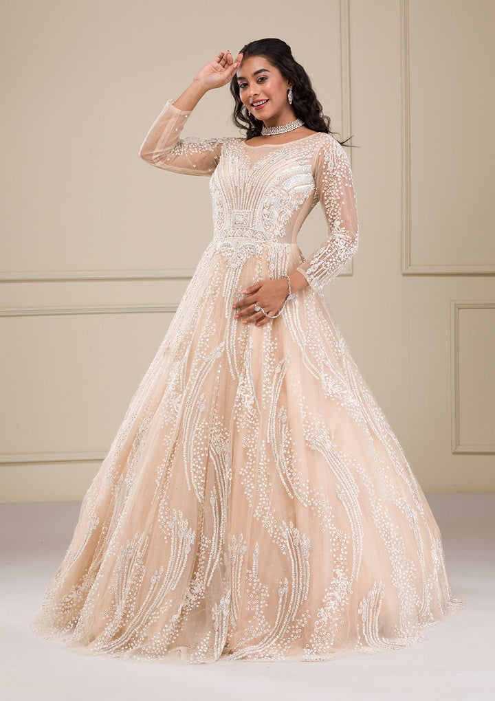 Beige Stonework Net Gown-Koskii