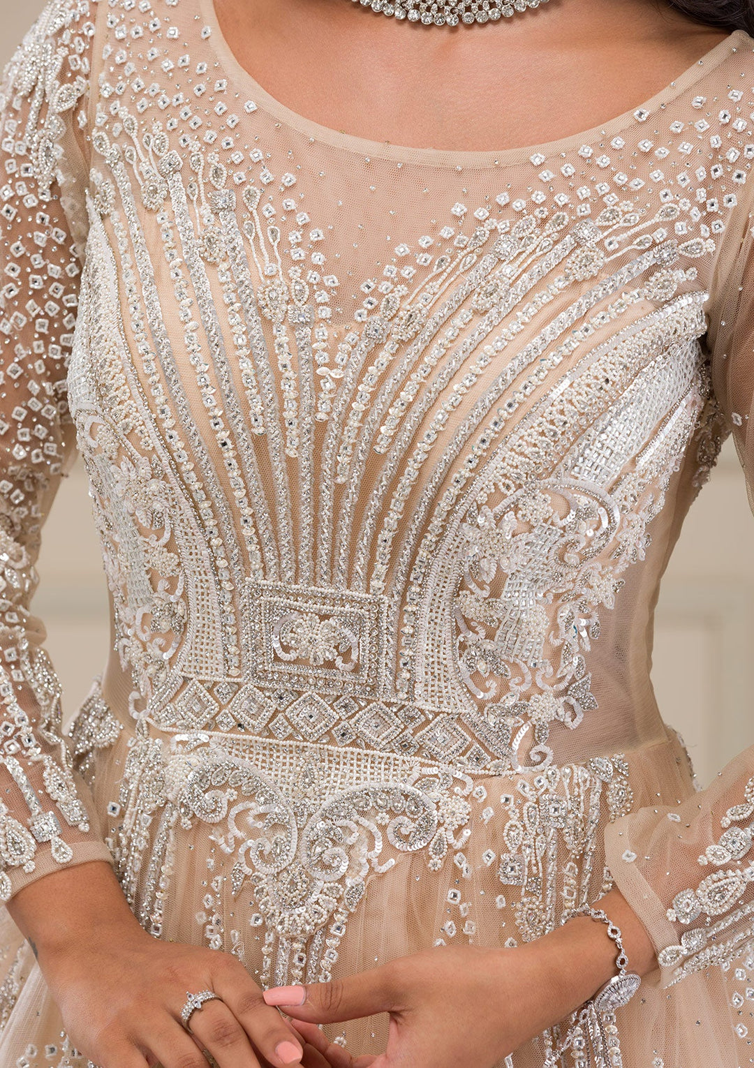 Beige Stonework Net Gown-Koskii