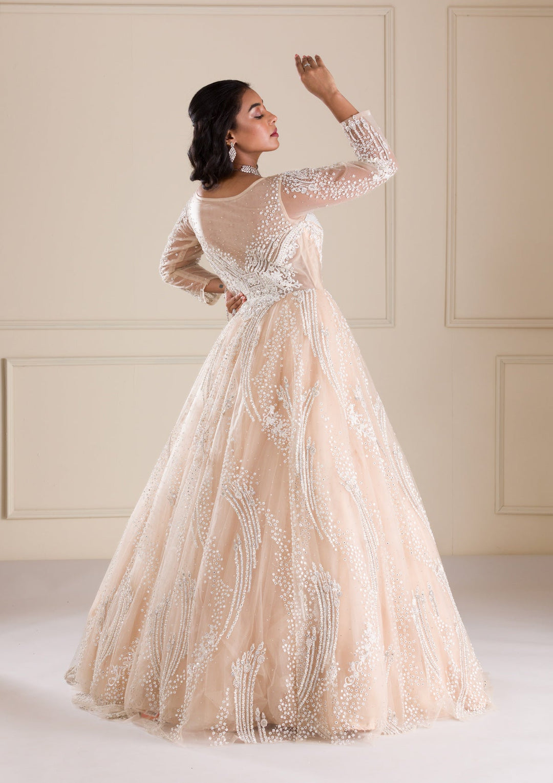 Beige Stonework Net Gown-Koskii