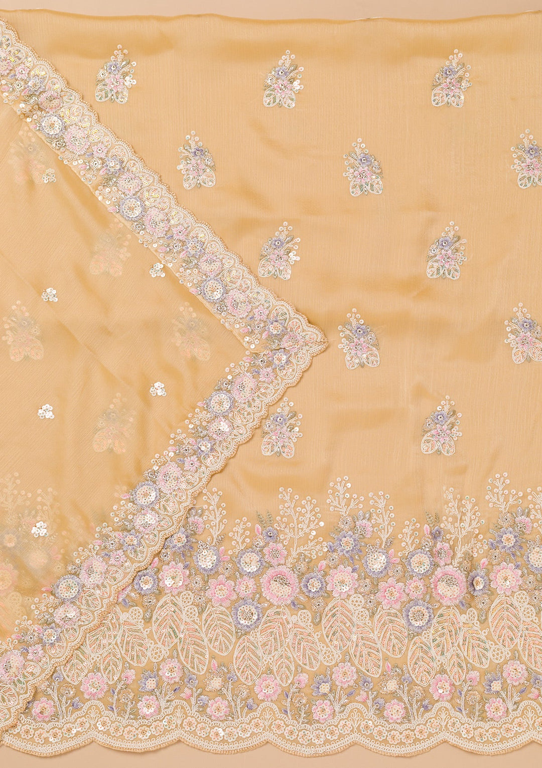 Beige Threadwork Semi Crepe Unstitched Salwar Kameez-Koskii