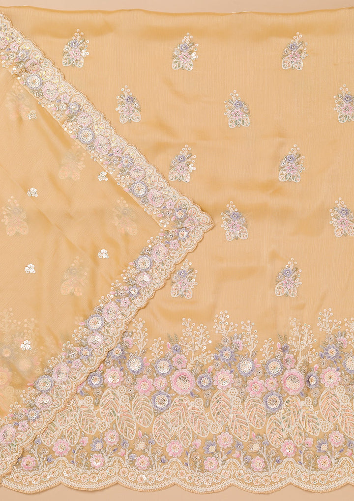 Beige Threadwork Semi Crepe Unstitched Salwar Kameez-Koskii