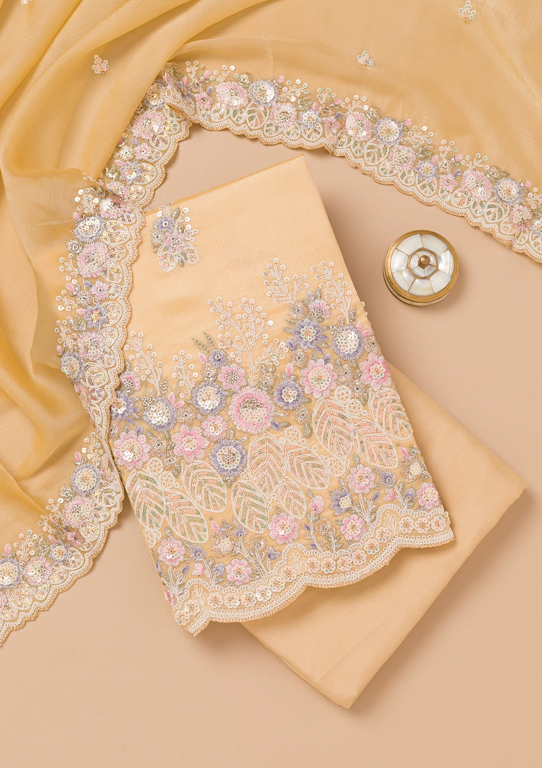 Beige Threadwork Semi Crepe Unstitched Salwar Kameez-Koskii