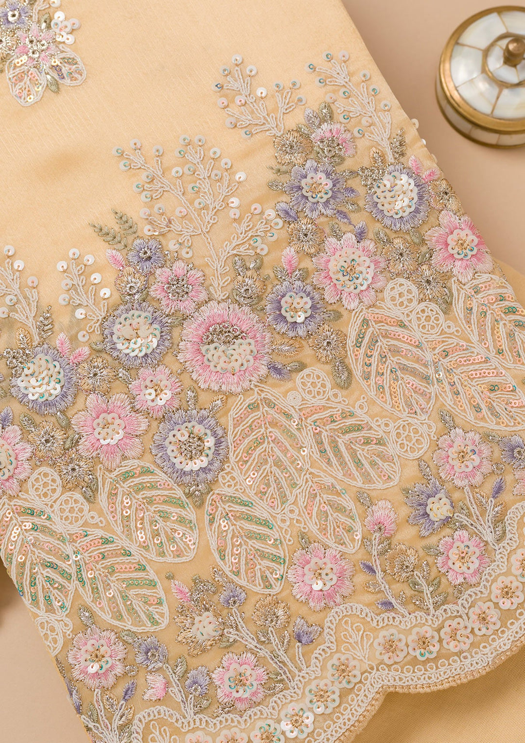 Beige Threadwork Semi Crepe Unstitched Salwar Kameez-Koskii