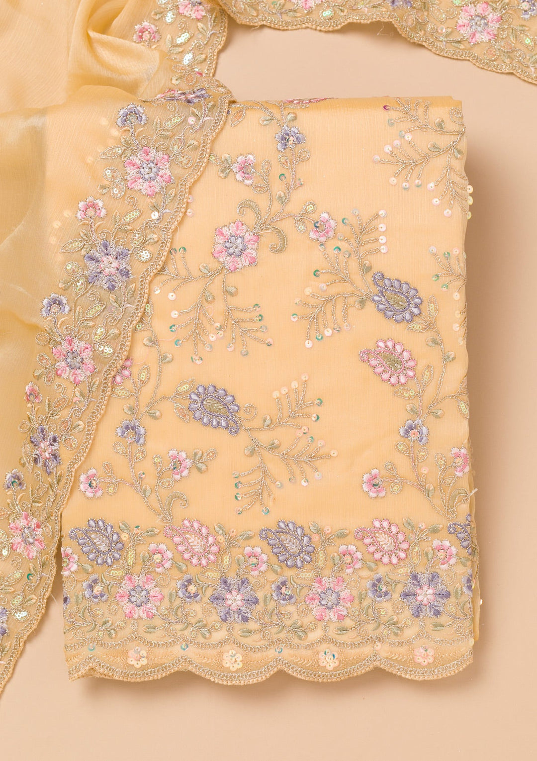 Beige Threadwork Semi Crepe Unstitched Salwar Kameez-Koskii