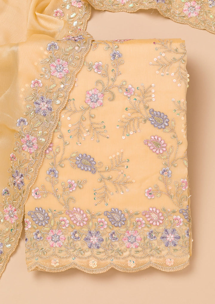 Beige Threadwork Semi Crepe Unstitched Salwar Kameez-Koskii
