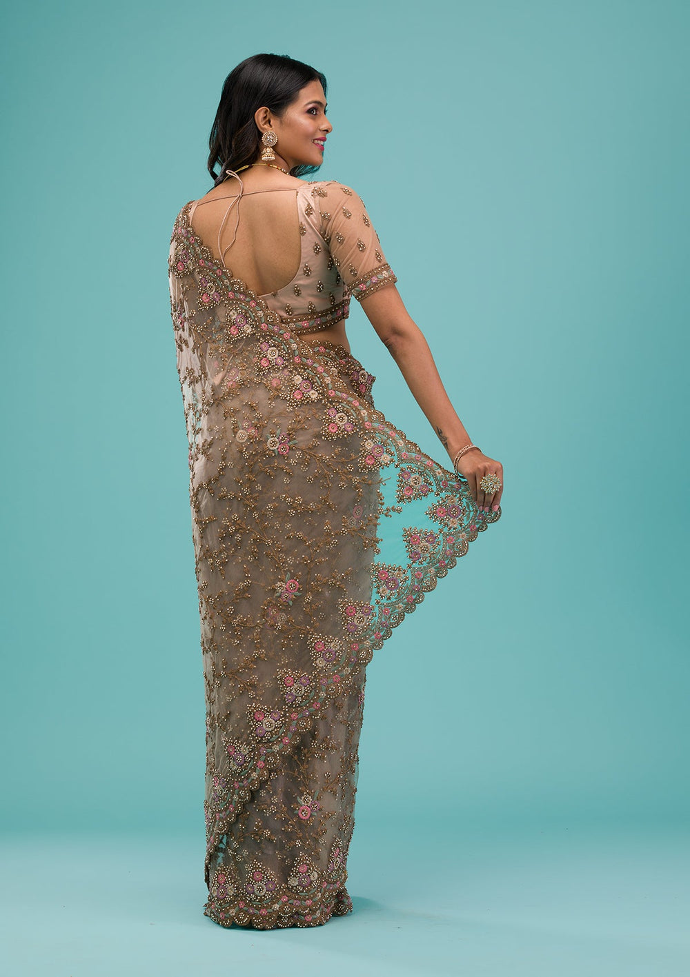 Beige Zariwork Net Saree-Koskii