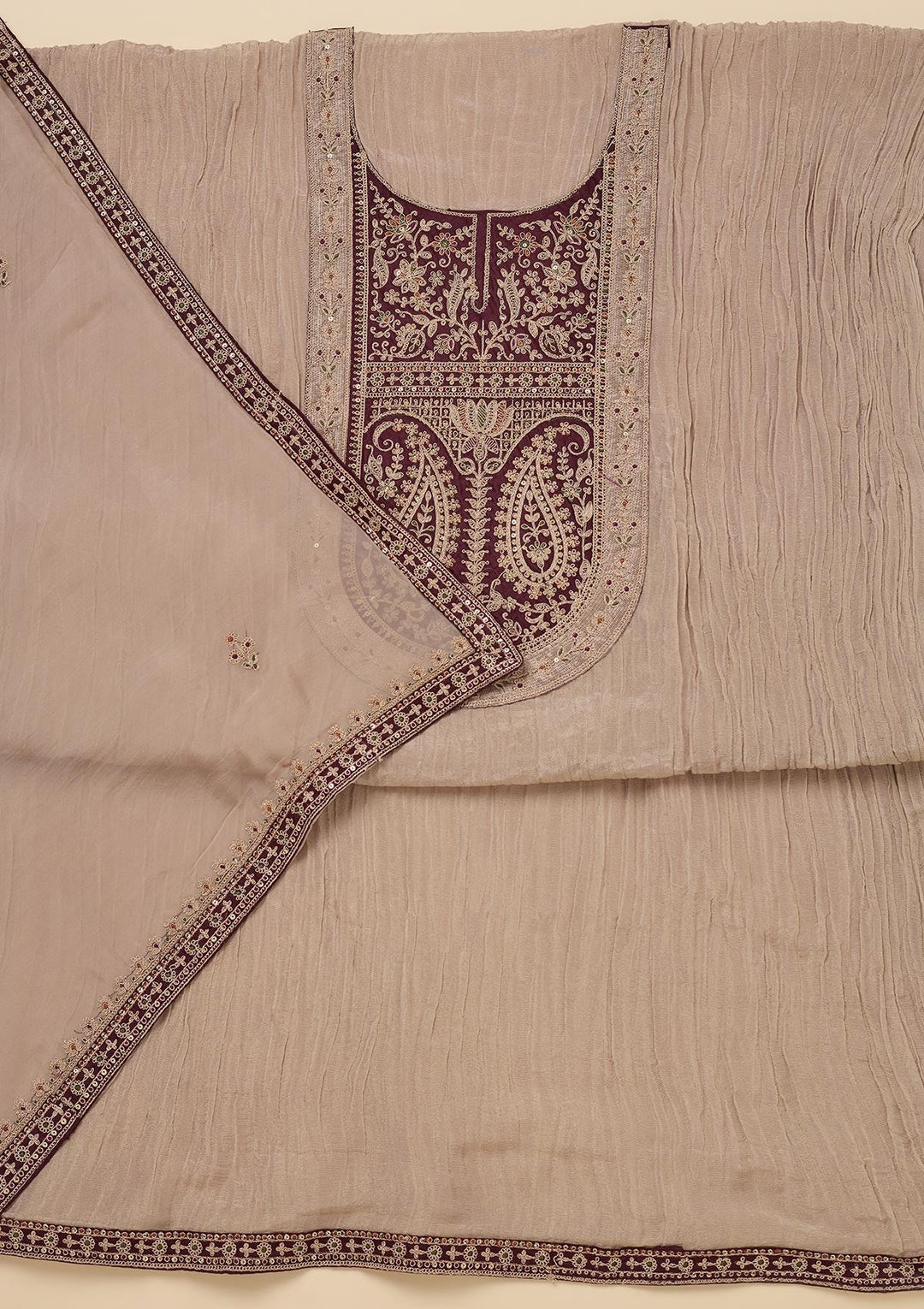 Beige Zariwork Tissue Unstitched Salwar Suit-Koskii
