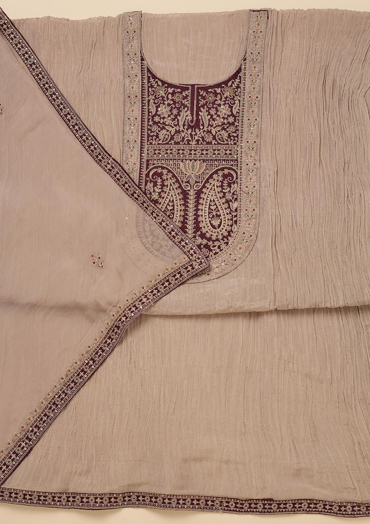 Beige Zariwork Tissue Unstitched Salwar Suit-Koskii