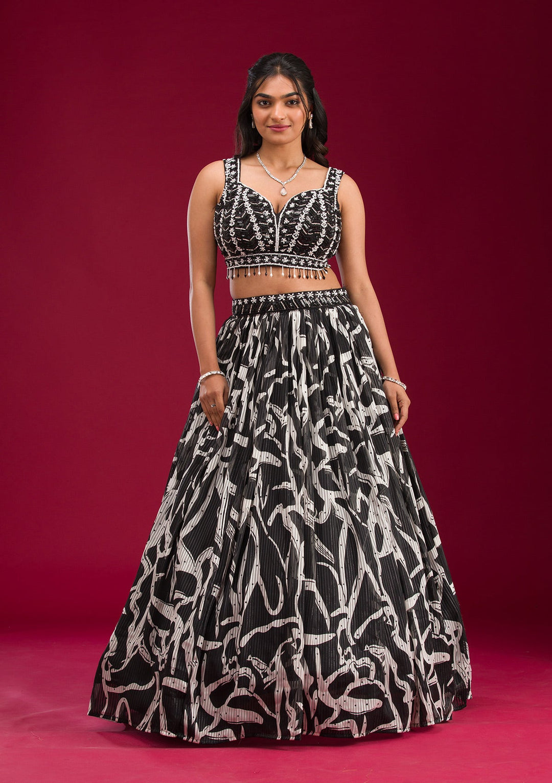 Black Printed Semi Crepe Readymade Lehenga