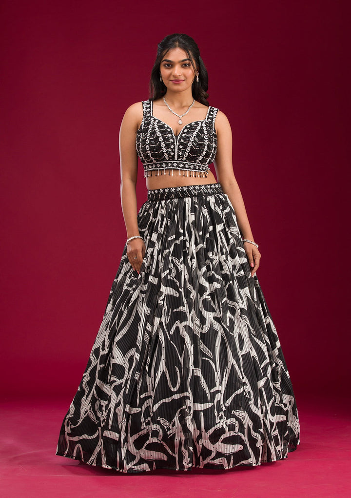 Black Printed Semi Crepe Readymade Lehenga