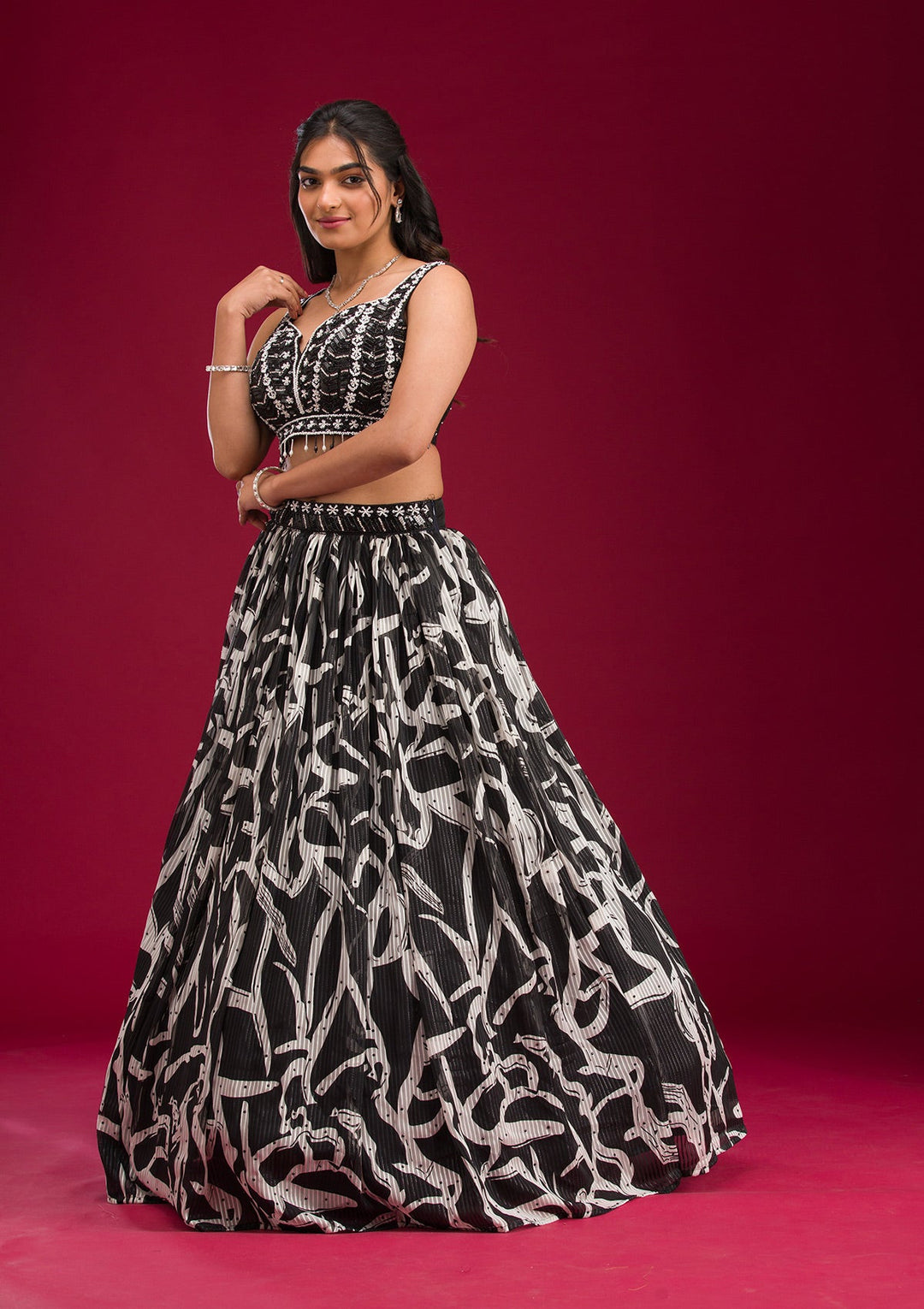Black Printed Semi Crepe Readymade Lehenga