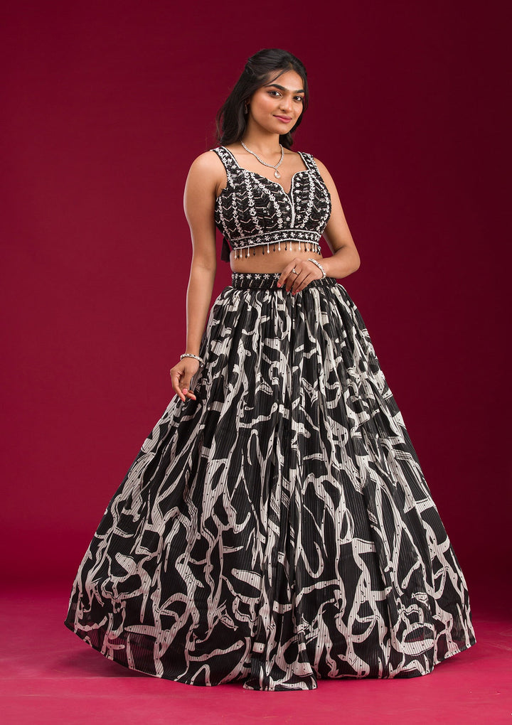 Black Printed Semi Crepe Readymade Lehenga