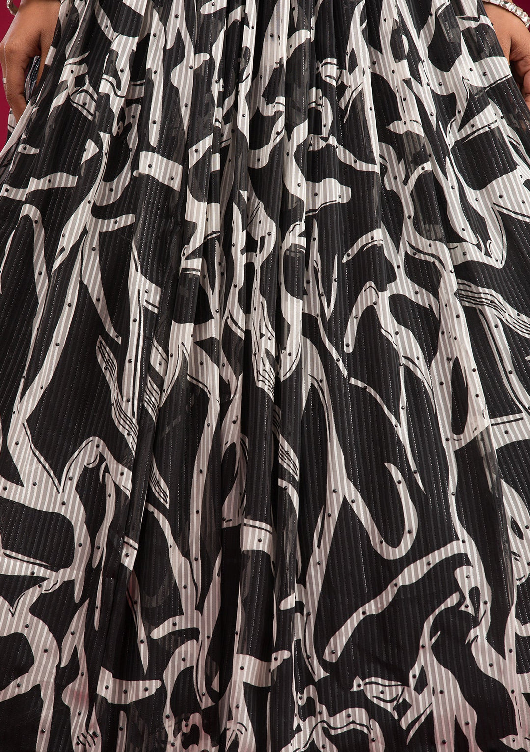 Black Printed Semi Crepe Readymade Lehenga