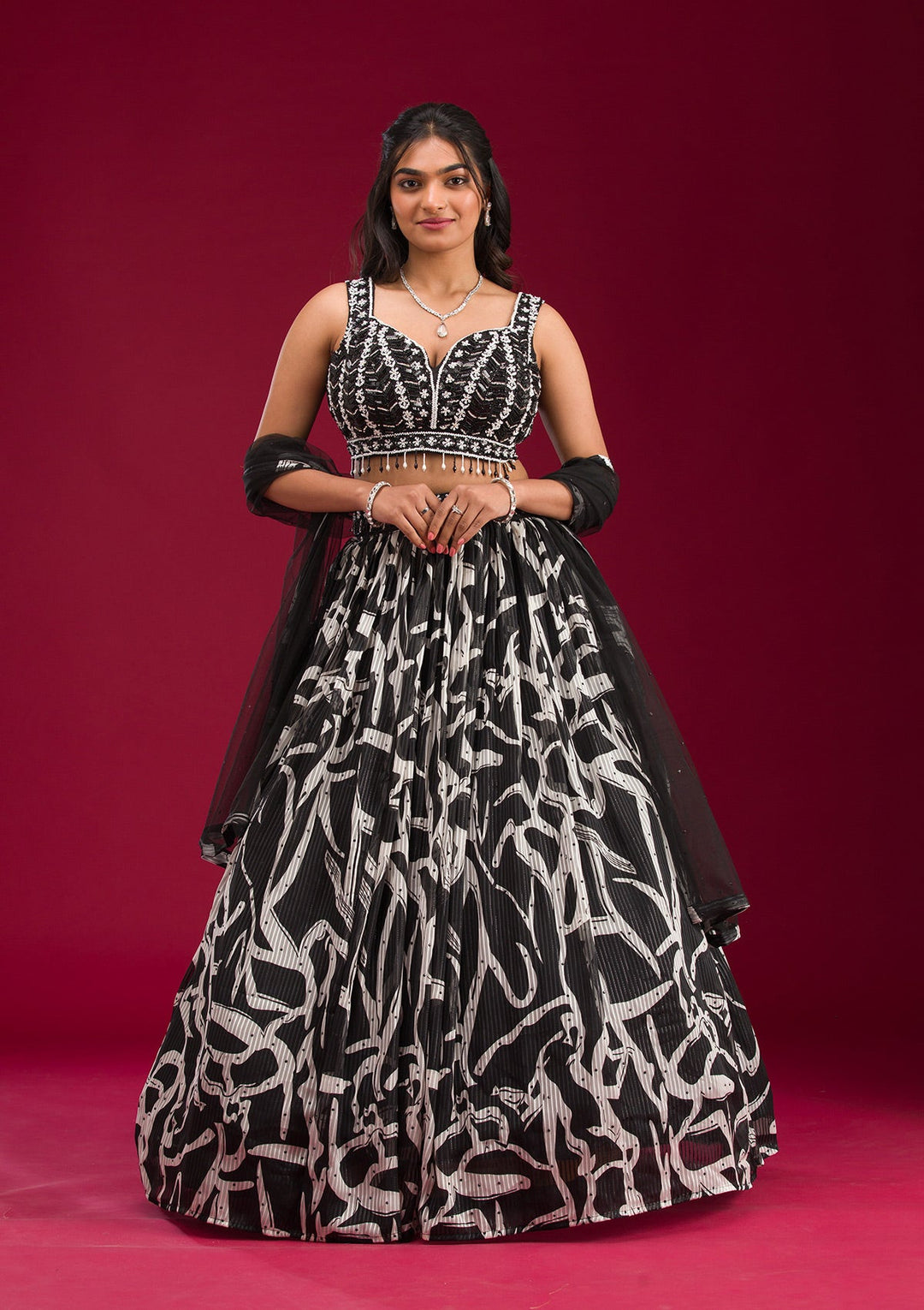 Black Printed Semi Crepe Readymade Lehenga