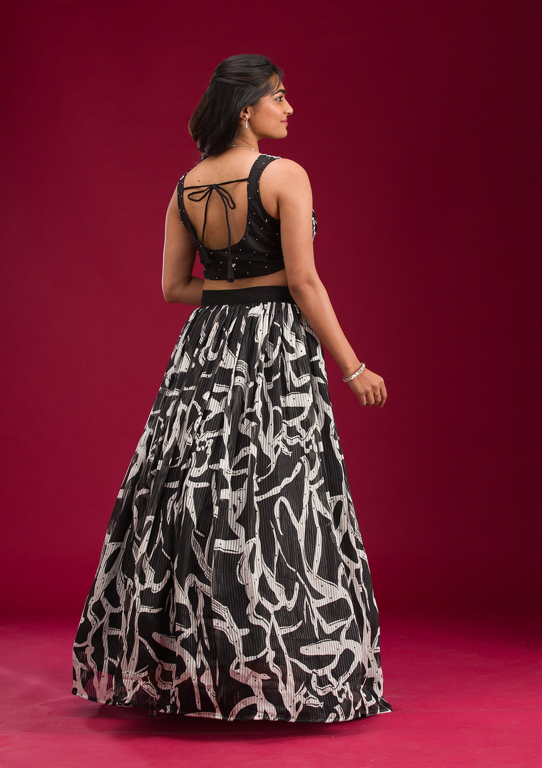 Black Printed Semi Crepe Readymade Lehenga