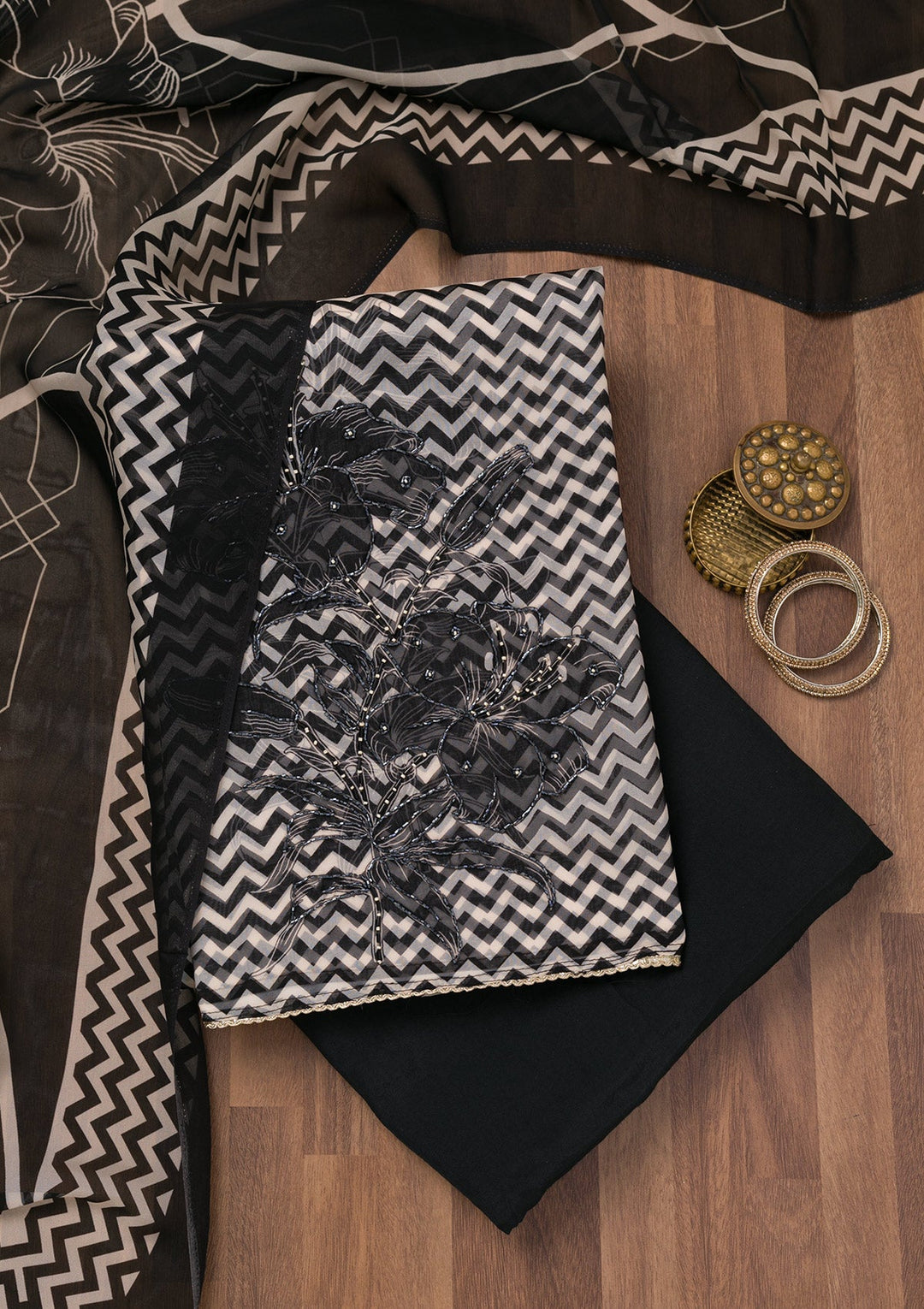 Black Printed Semi Crepe Unstitched Salwar Suit-Koskii