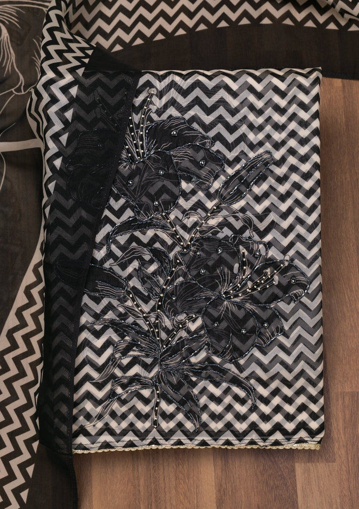 Black Printed Semi Crepe Unstitched Salwar Suit-Koskii