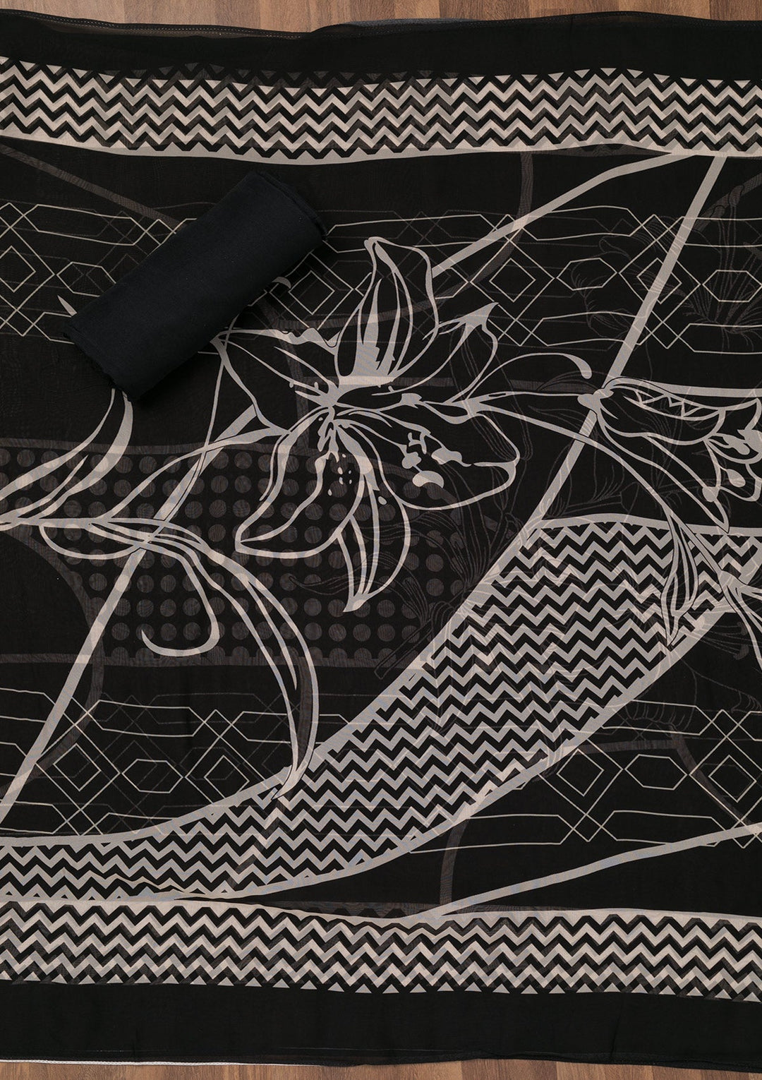 Black Printed Semi Crepe Unstitched Salwar Suit-Koskii