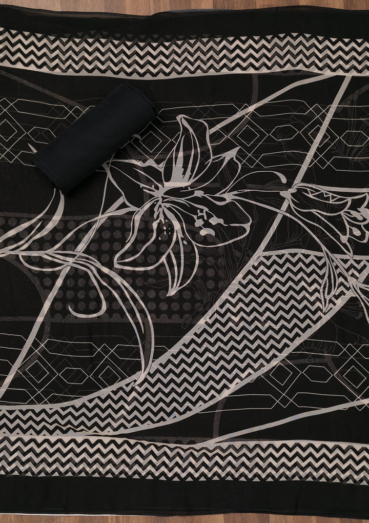 Black Printed Semi Crepe Unstitched Salwar Suit-Koskii