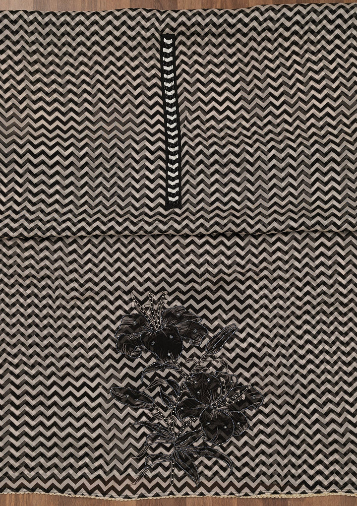 Black Printed Semi Crepe Unstitched Salwar Suit-Koskii