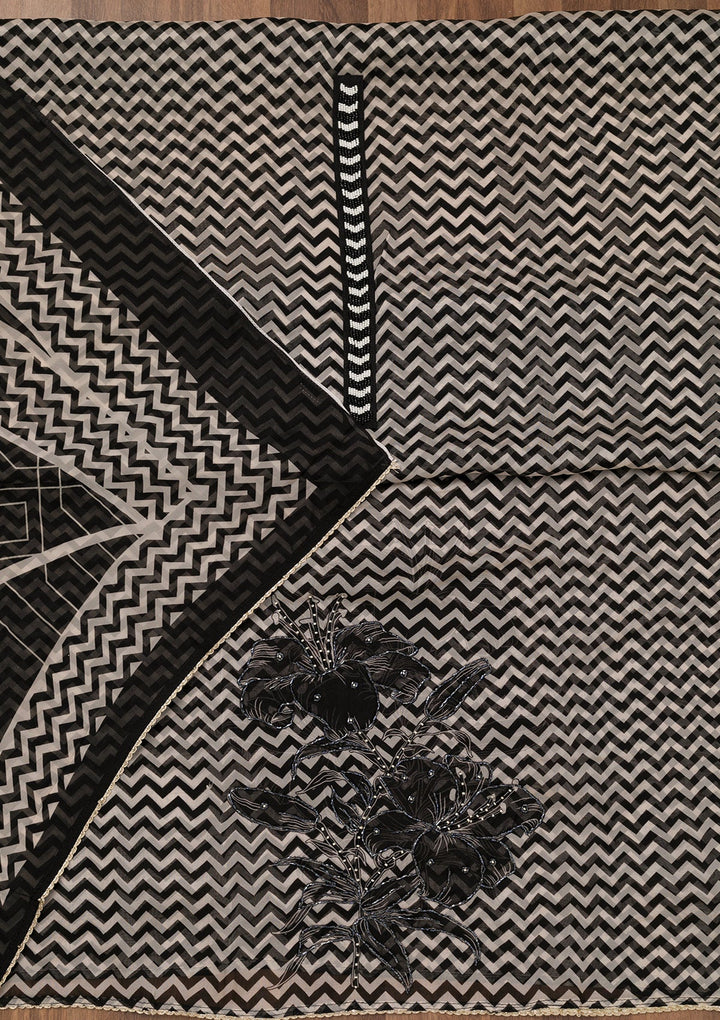 Black Printed Semi Crepe Unstitched Salwar Suit-Koskii