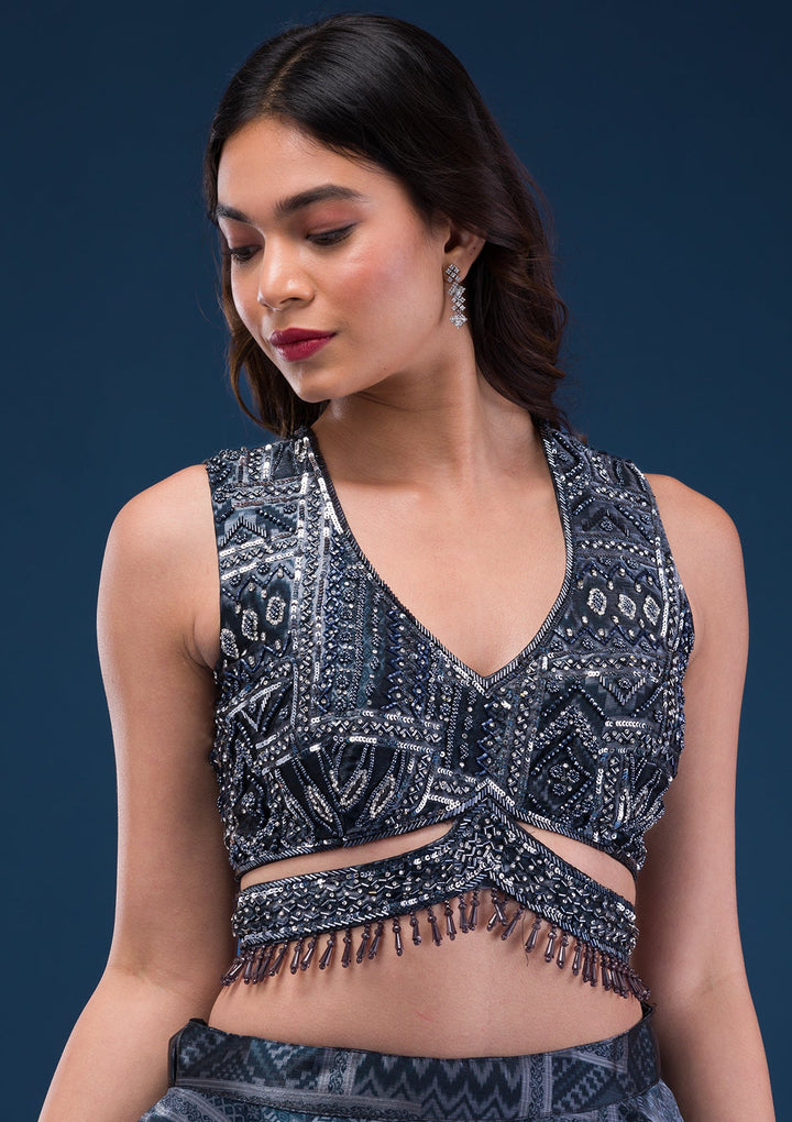 Black Sequins Semi Crepe Readymade Lehenga-Koskii