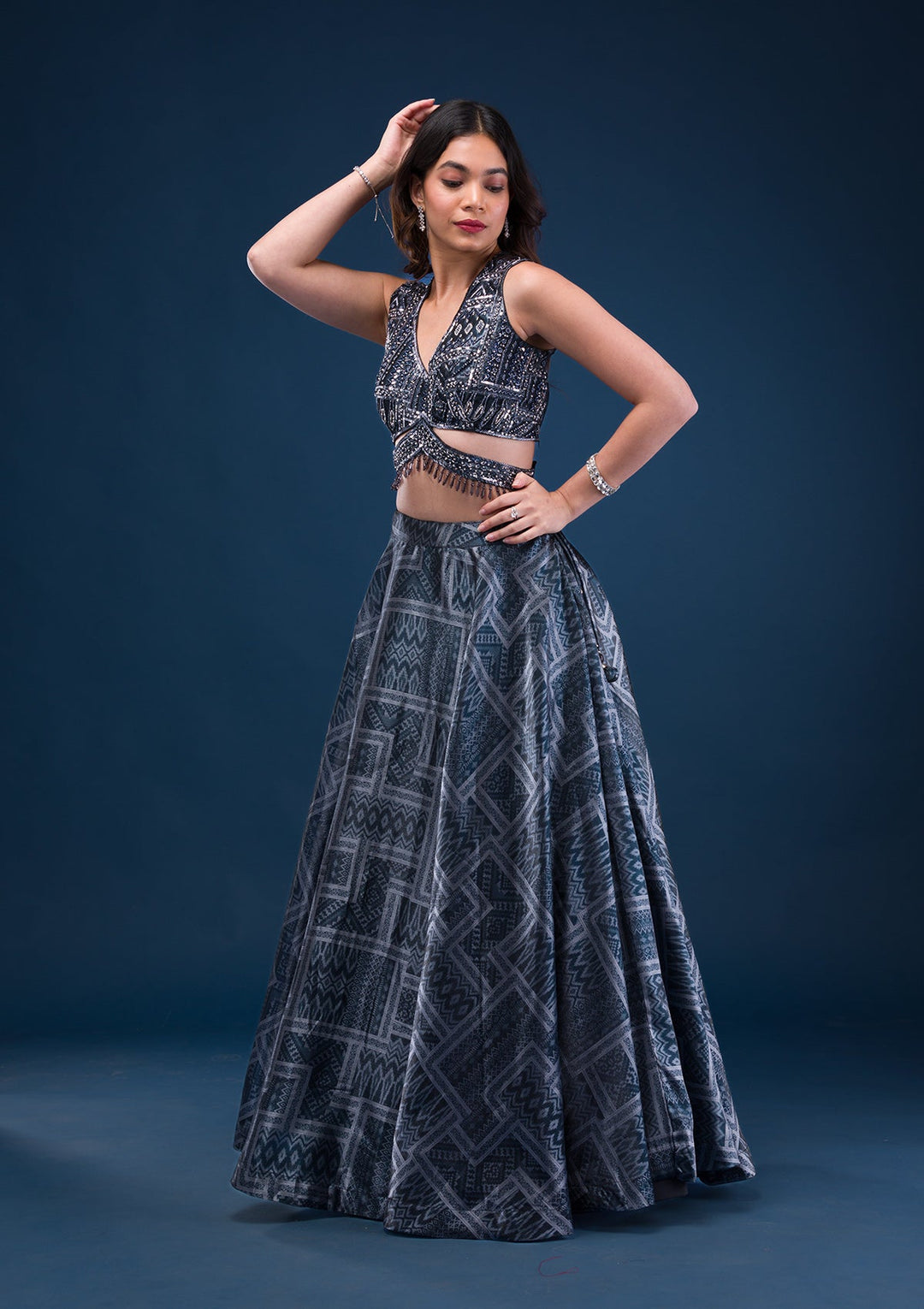 Black Sequins Semi Crepe Readymade Lehenga-Koskii