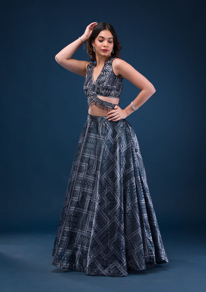 Black Sequins Semi Crepe Readymade Lehenga-Koskii